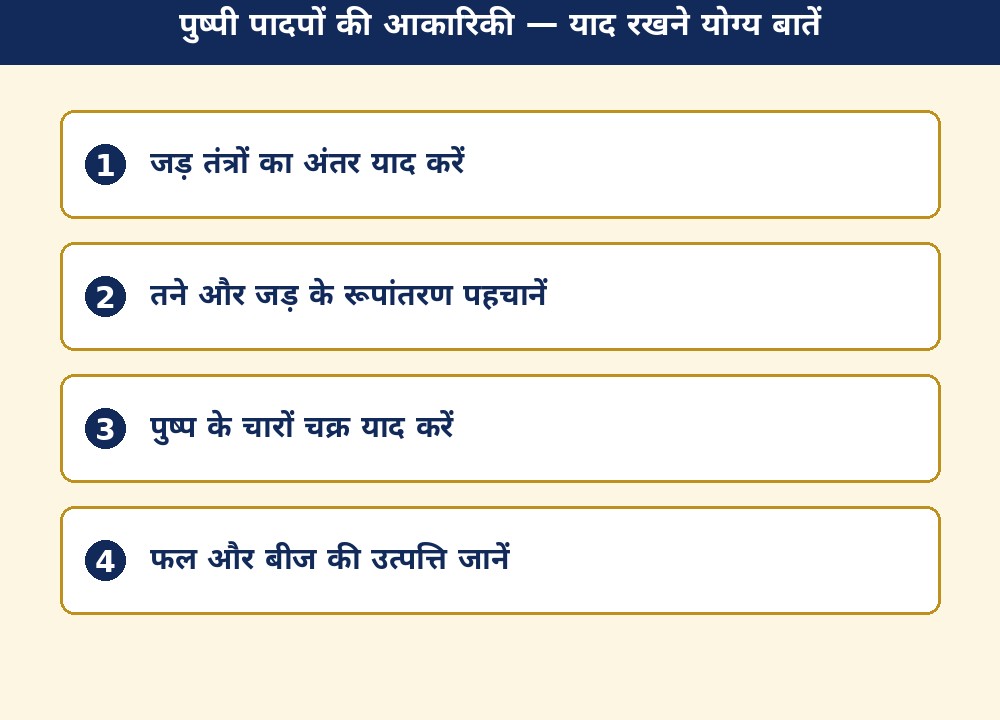 पुष्पी पादपों की आकारिकी — याद रखने योग्य बातें