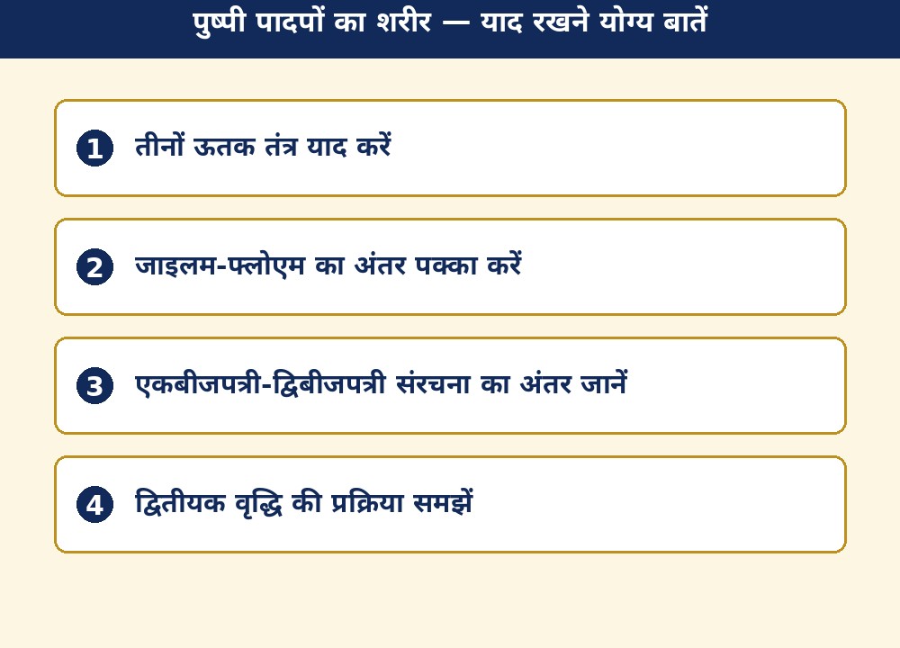 पुष्पी पादपों का शरीर — याद रखने योग्य बातें