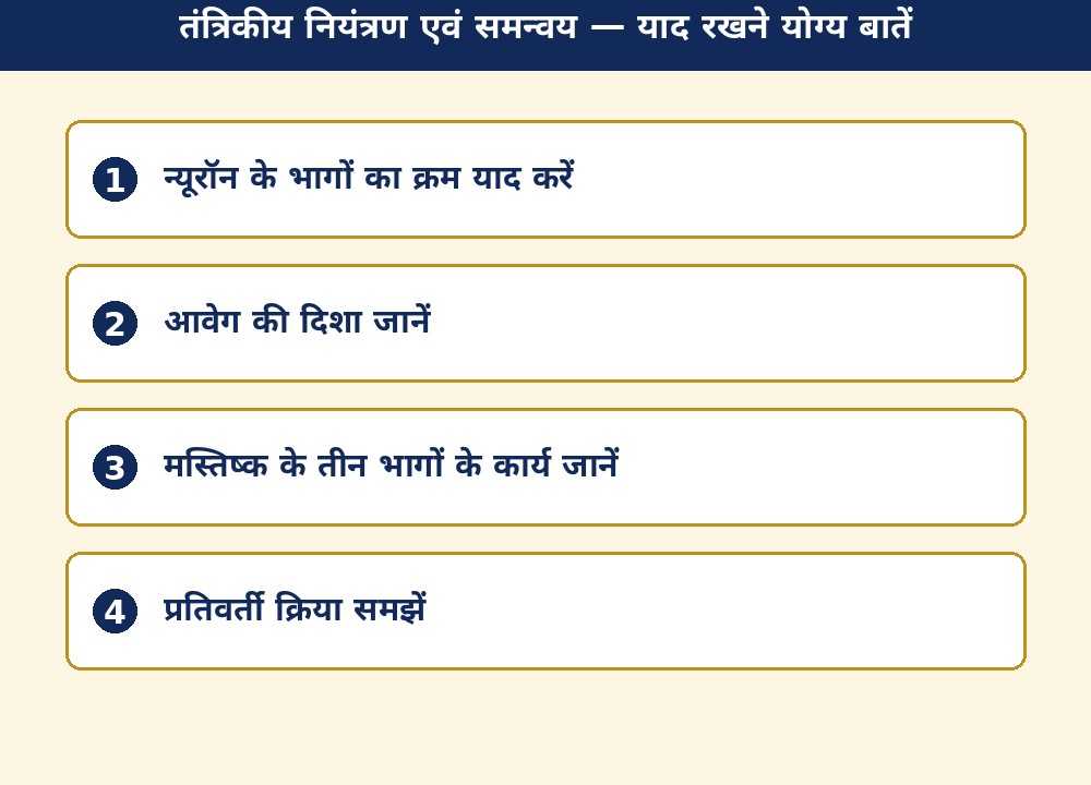तंत्रिकीय नियंत्रण एवं समन्वय — याद रखने योग्य बातें