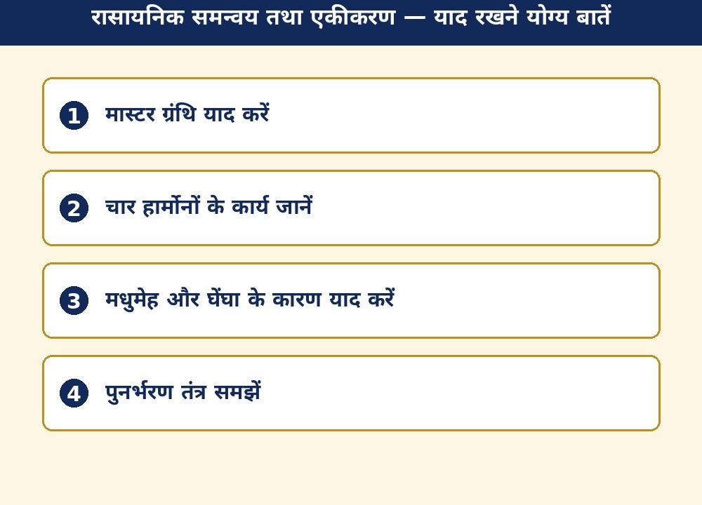 रासायनिक समन्वय तथा एकीकरण — याद रखने योग्य बातें