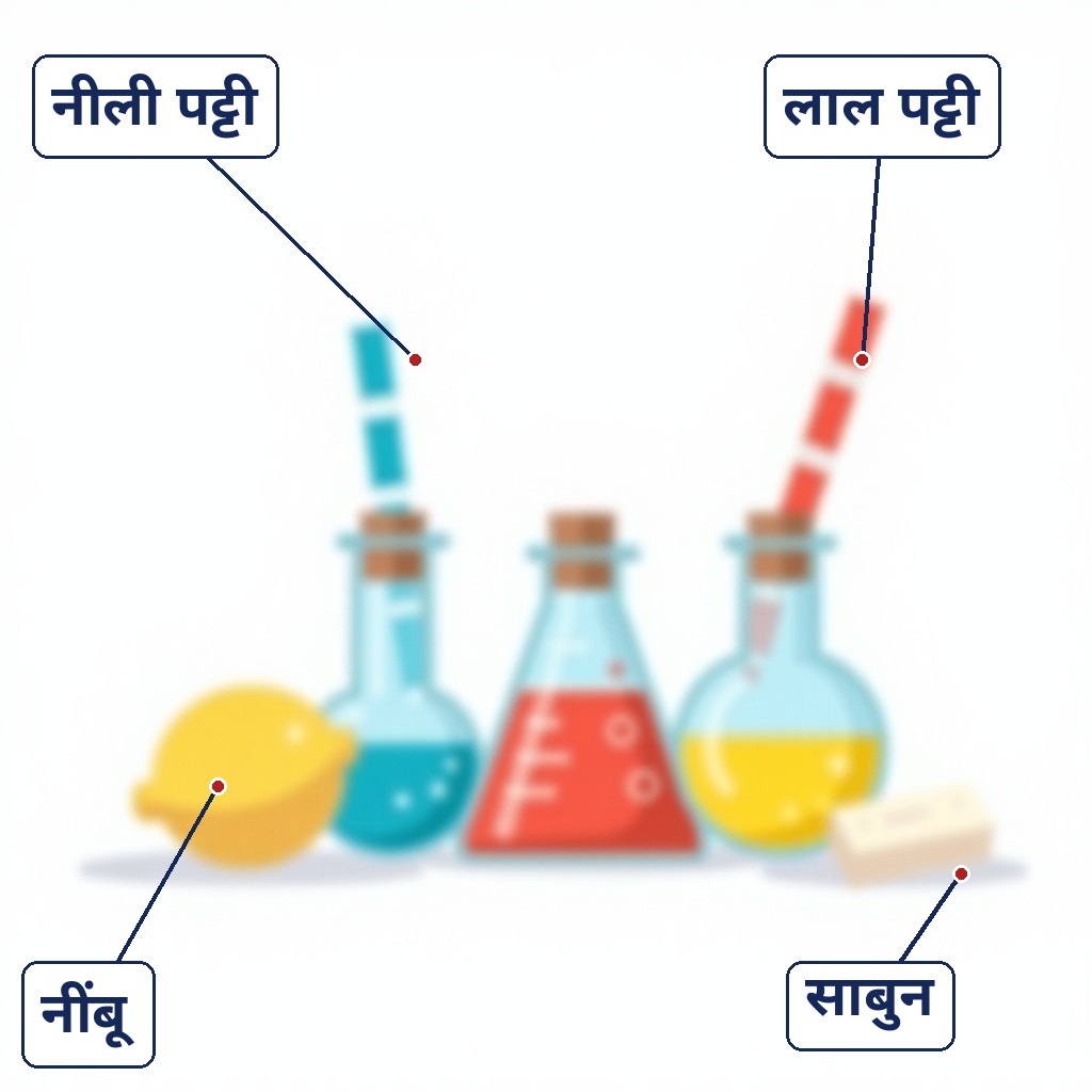 Litmus strips ke saath flasks, nimbu aur sabun