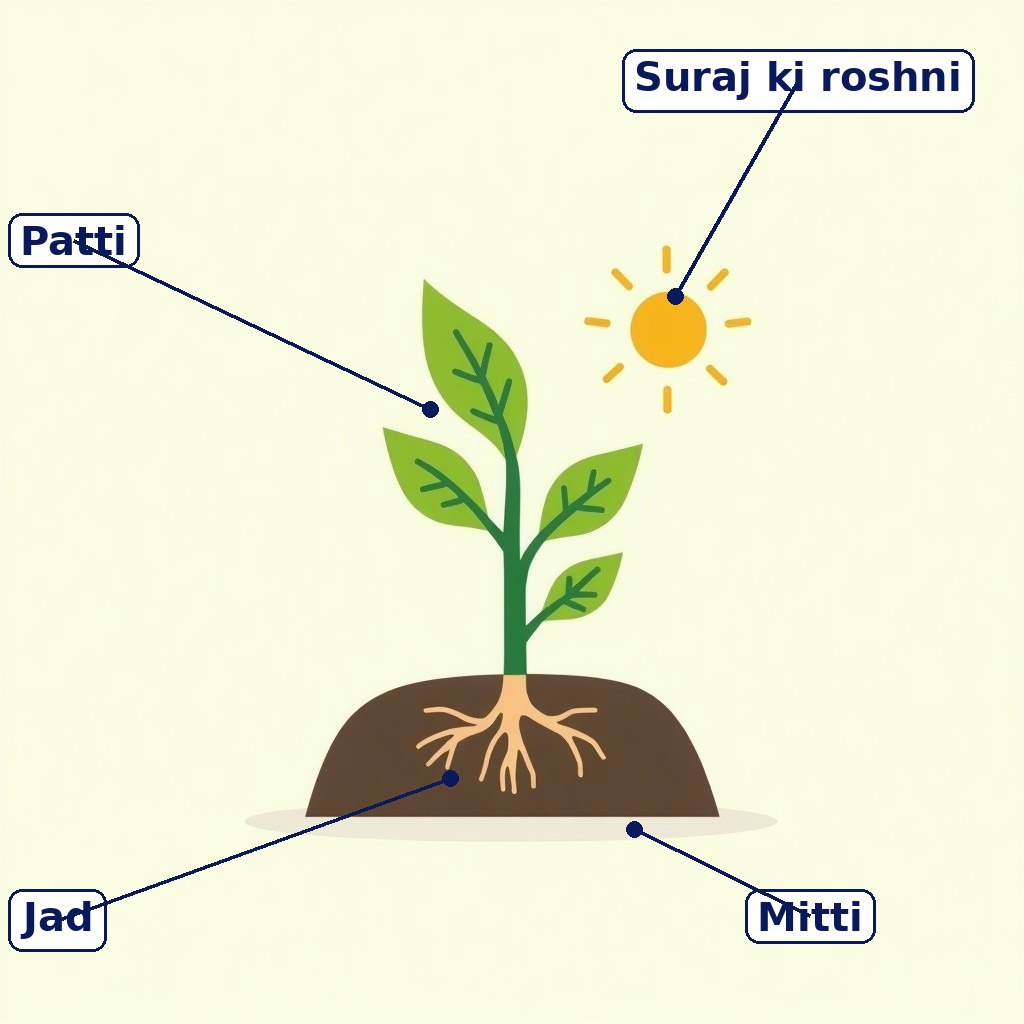 Label wala paudha: Suraj ki roshni, Patti, Jad aur Mitti