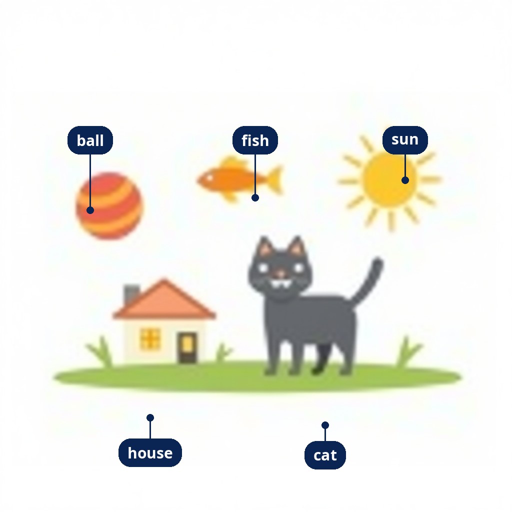 Labelled picture cards: cat, ball, fish, sun, house