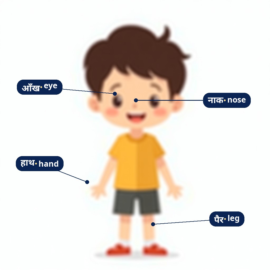 Labelled body parts: aankh (eye), naak (nose), haath (hand), pair (leg)