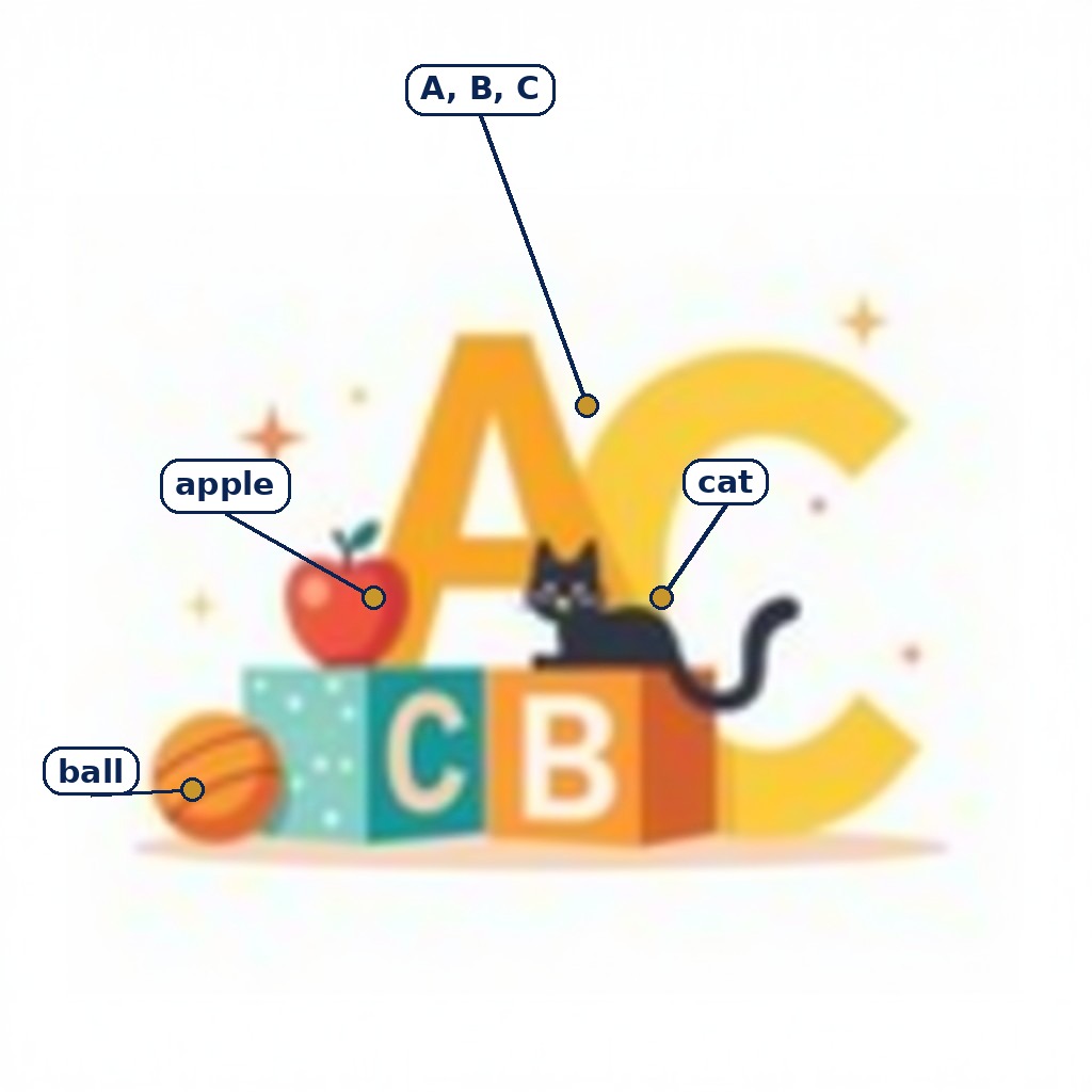 Labelled picture: A, B, C blocks, apple, cat, ball