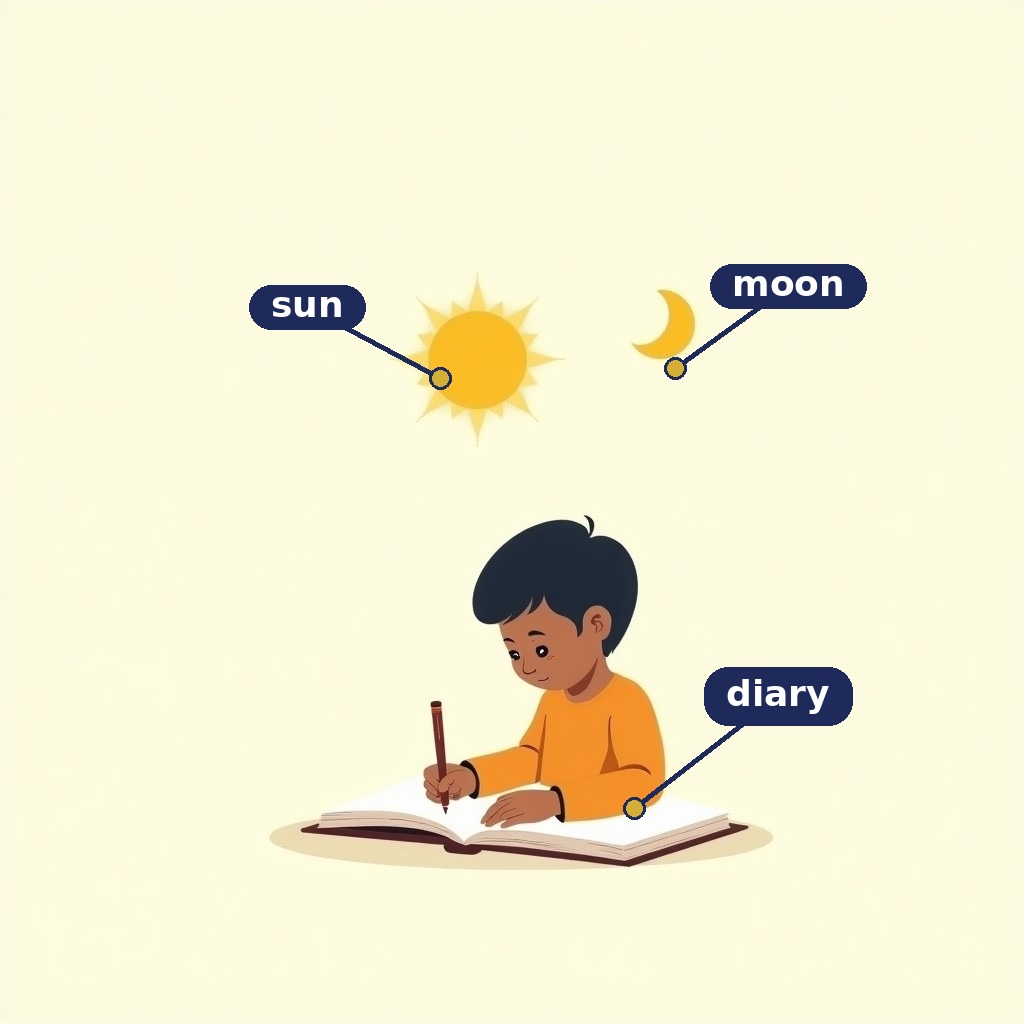 Labelled picture: child writing diary under sun and moon