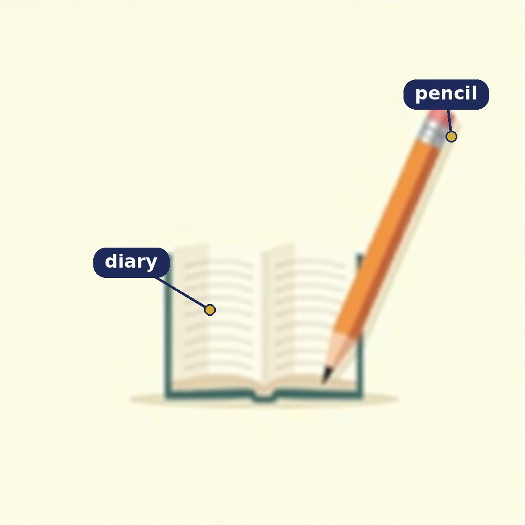 Labelled picture: open diary notebook and a pencil