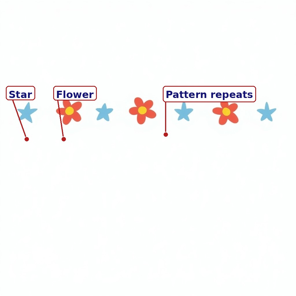 Labelled pattern row: blue star, red flower, repeating
