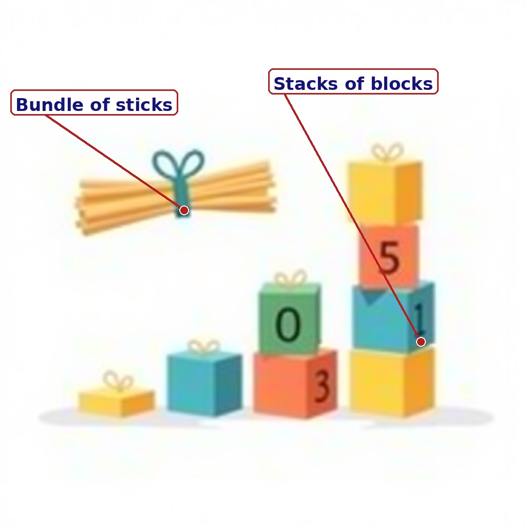 Labelled bundle of sticks and stacks of coloured blocks