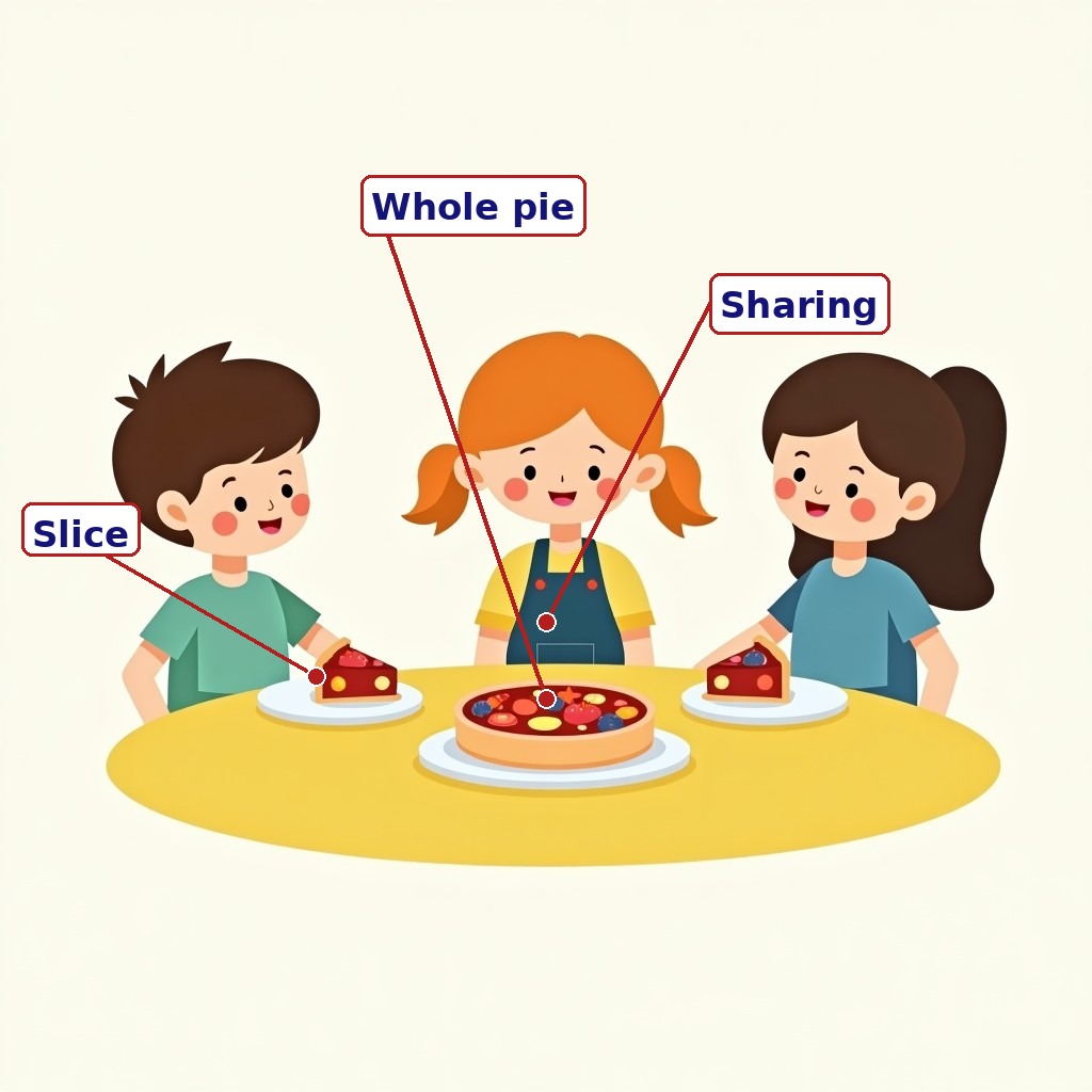 Labelled sharing scene: whole pie, slice, children sharing