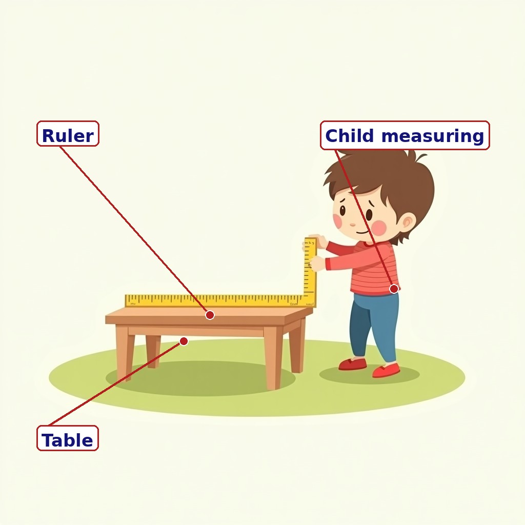 Labelled measuring scene: child measuring a table with a ruler