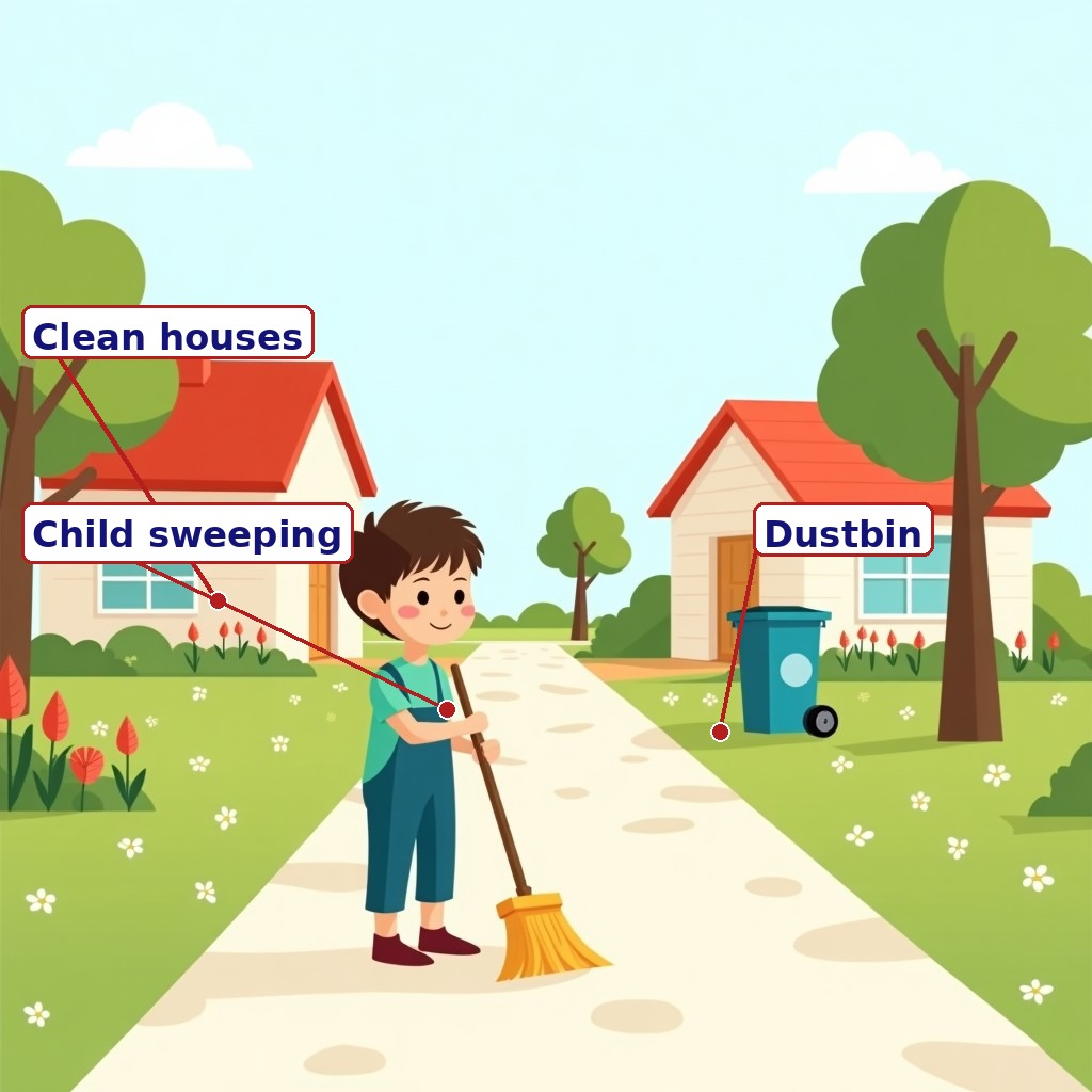 Labelled clean village: houses, dustbin, child sweeping