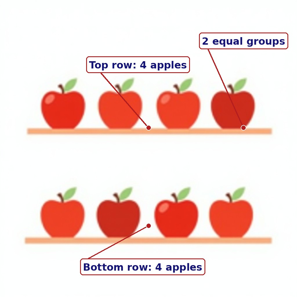 Labelled apples in two equal rows of four