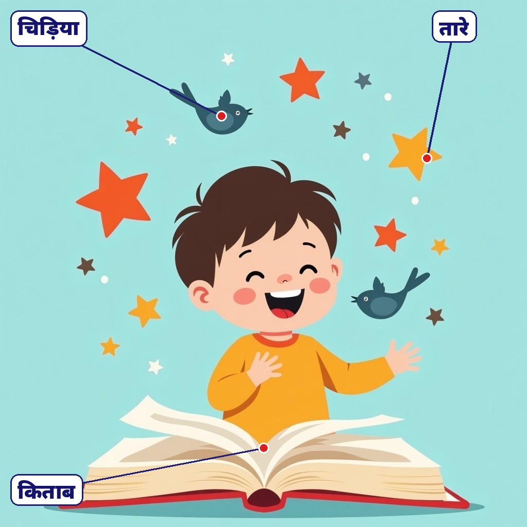 Labelled child reading a book with stars and birds