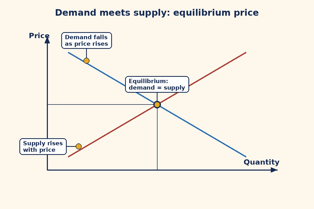 Schematic: demand and supply curves meeting at equilibrium