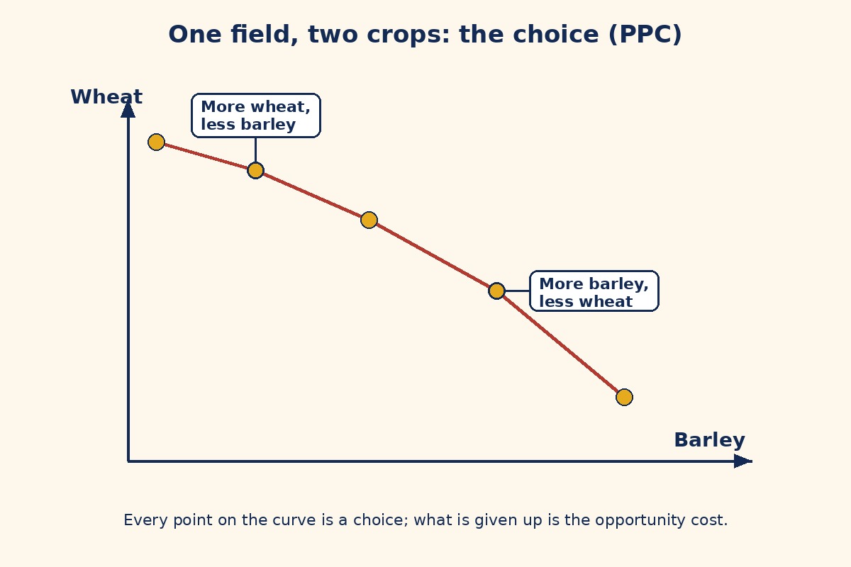 Schematic: production possibility curve for wheat and barley