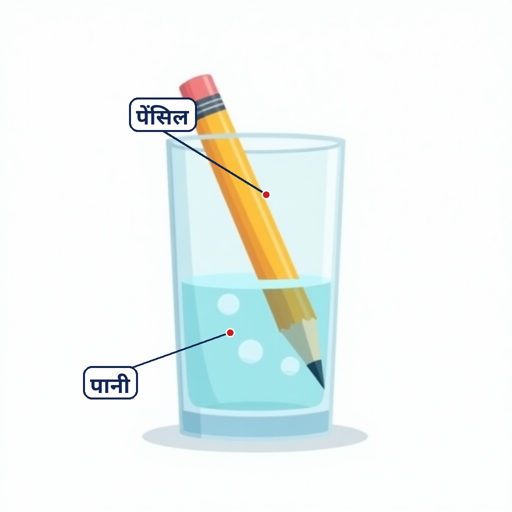Pani ke glass me pencil tooti hui dikhti hai