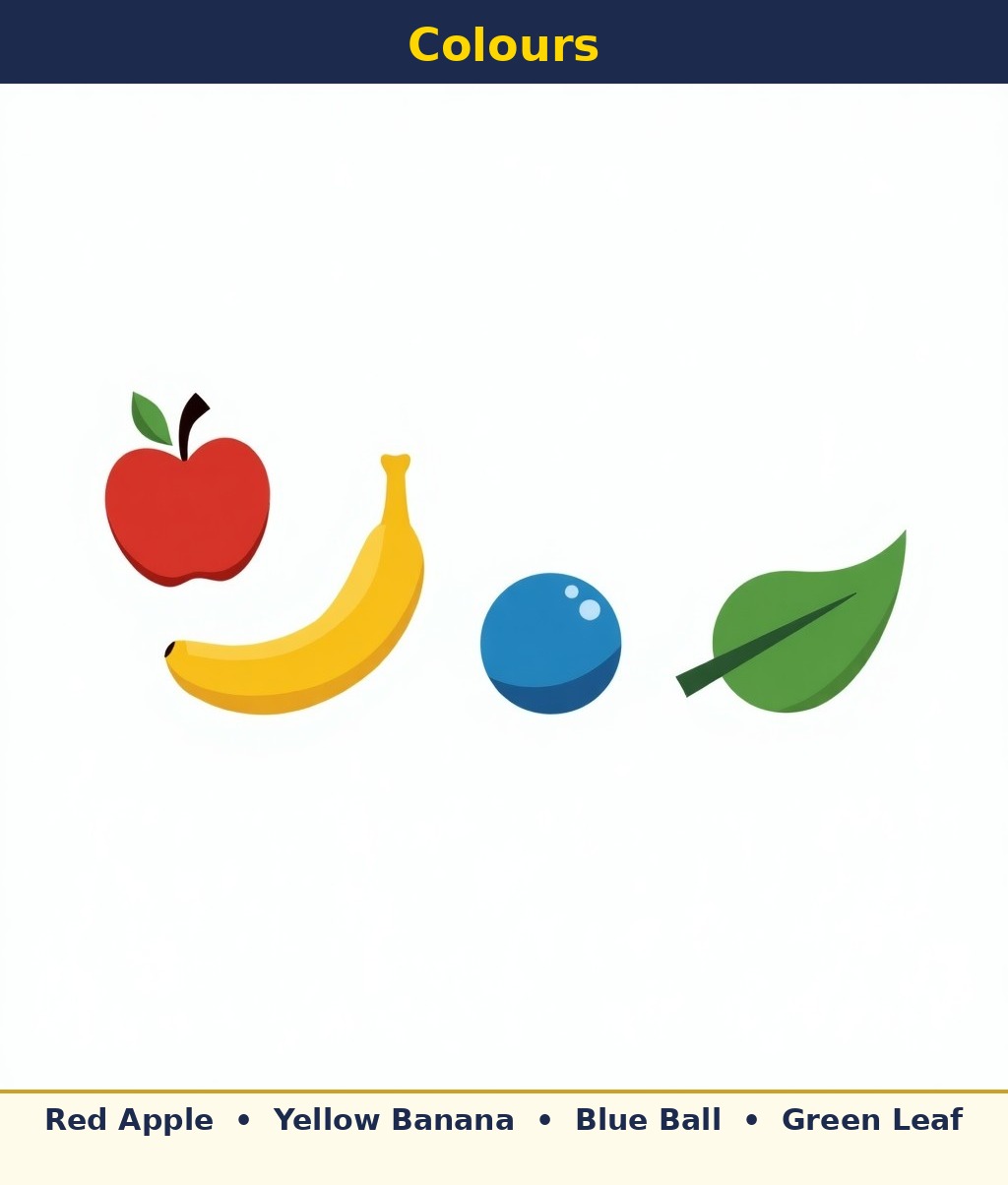 Labelled picture: red apple, yellow banana, blue ball and green leaf