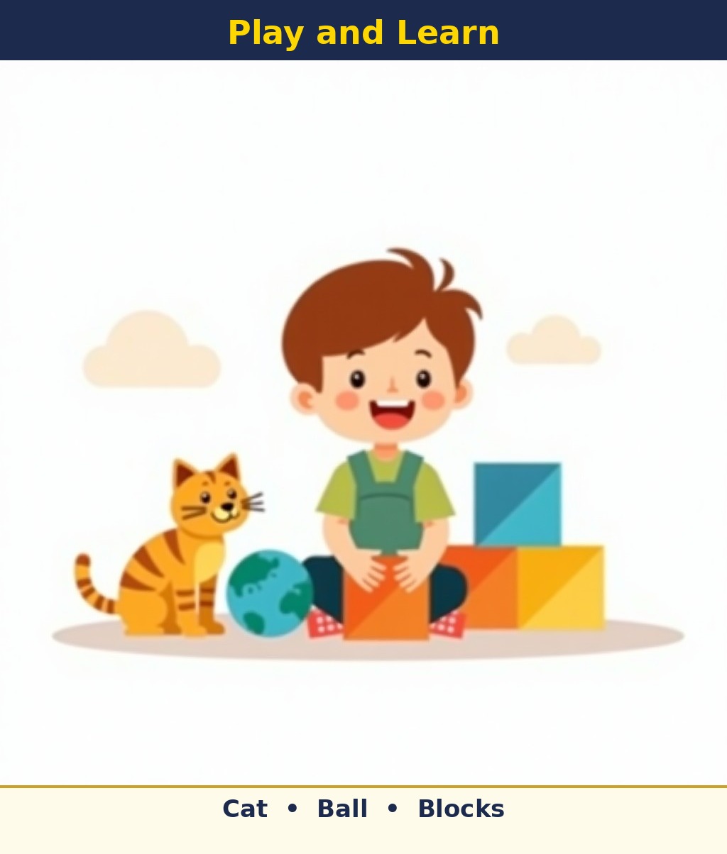 Labelled picture: a happy child with toy blocks, a cat and a ball
