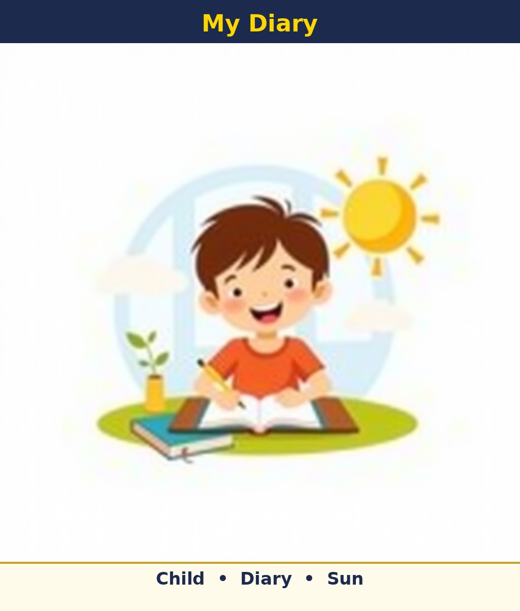 Labelled picture: a happy child writing in a book at a desk, with sun and a small plant