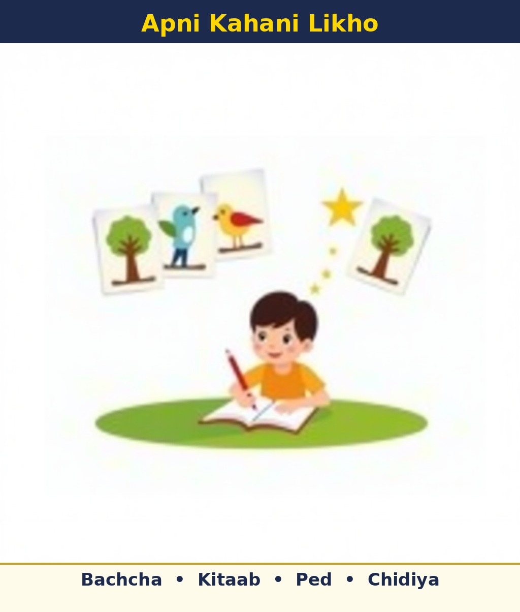 Labelled picture: a child writing in a notebook, with picture cards of trees and birds above