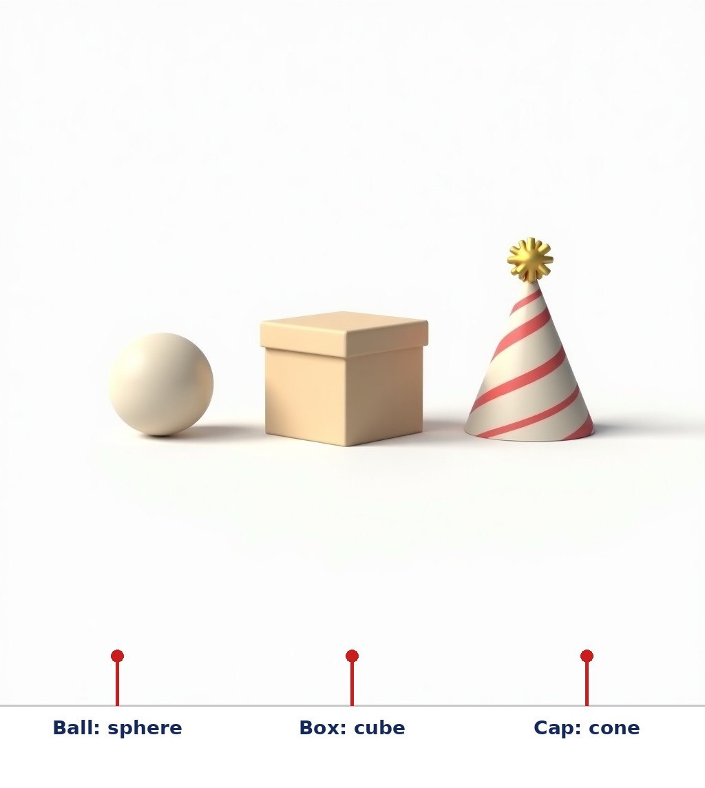 Labelled diagram: Ball: sphere, Box: cube, Cap: cone