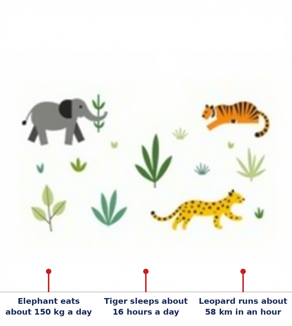 Labelled diagram: Elephant eats about 150 kg a day, Tiger sleeps about 16 hours a day, Leopard runs about 58 km in an hour