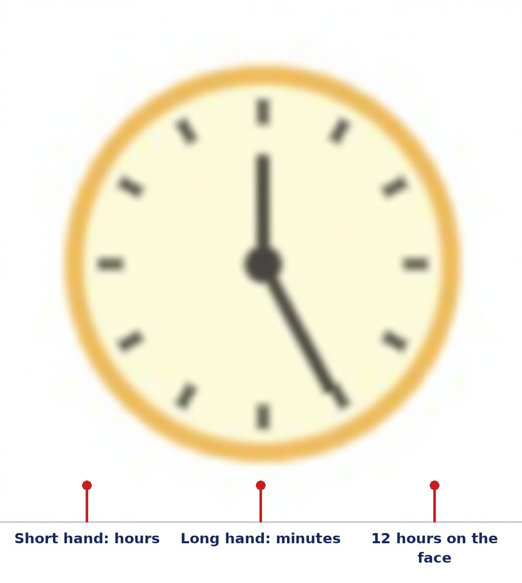 Labelled diagram: Short hand: hours, Long hand: minutes, 12 hours on the face