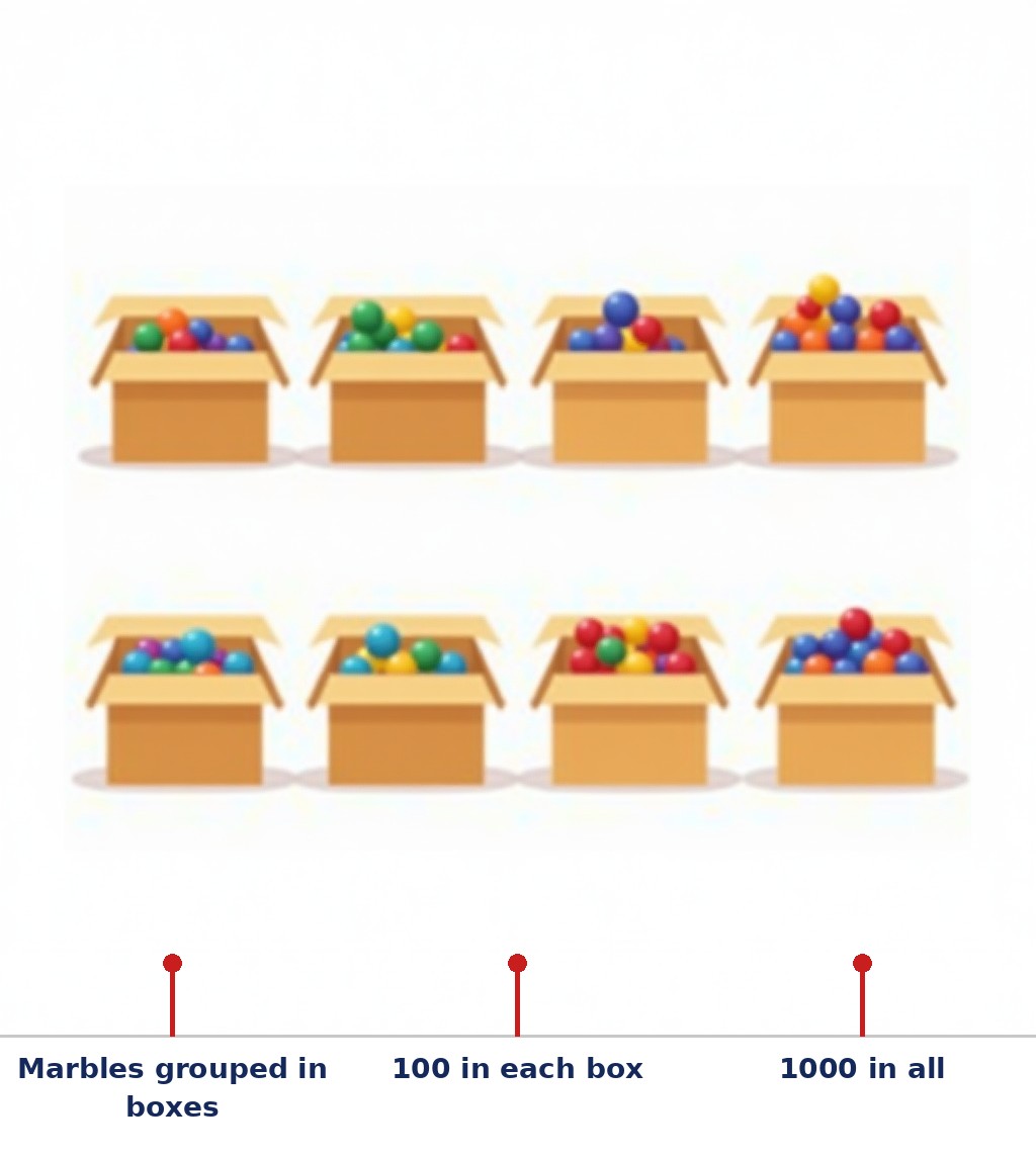 Labelled diagram: Marbles grouped in boxes, 100 in each box, 1000 in all