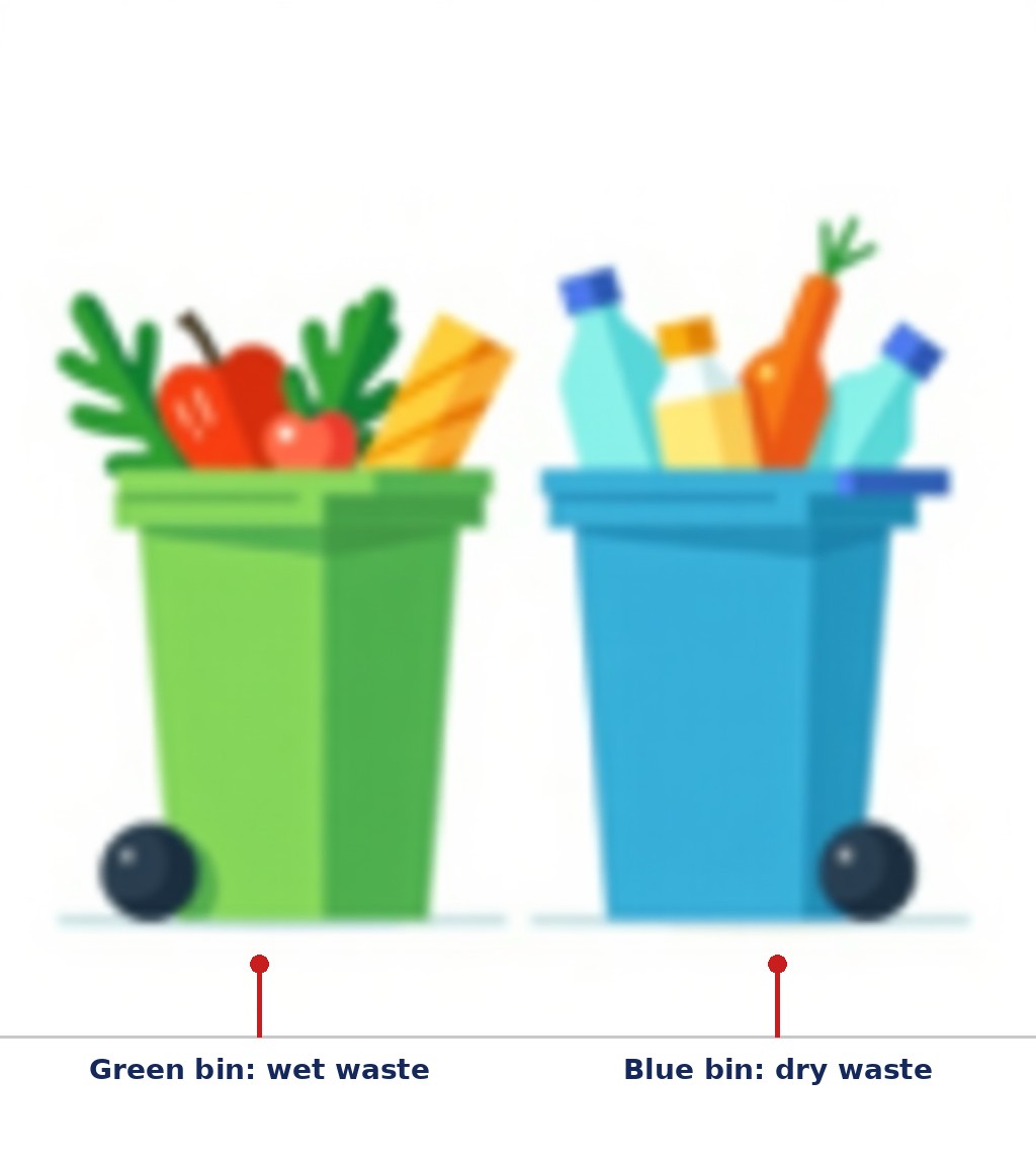 Labelled diagram: Green bin: wet waste, Blue bin: dry waste