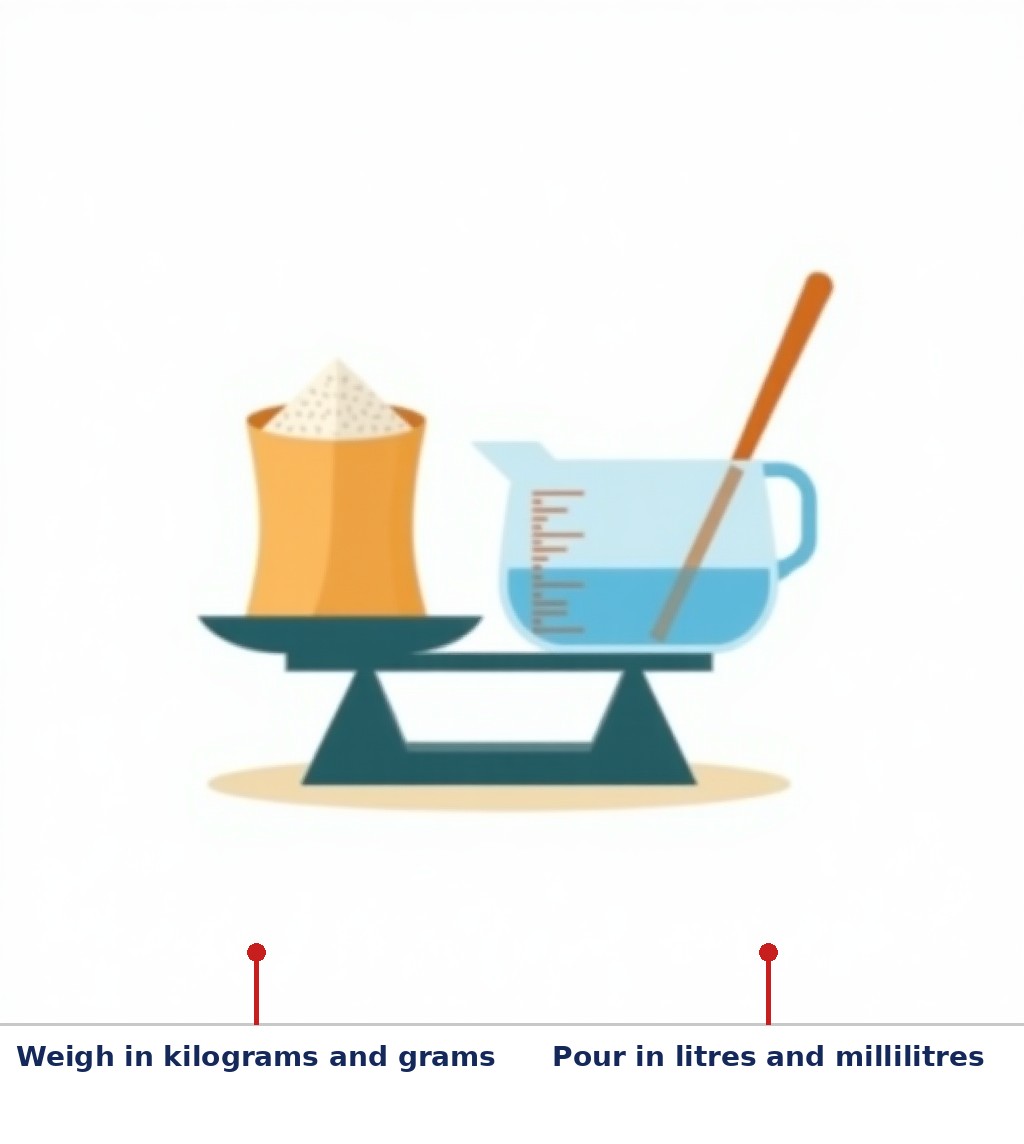 Labelled diagram: Weigh in kilograms and grams, Pour in litres and millilitres