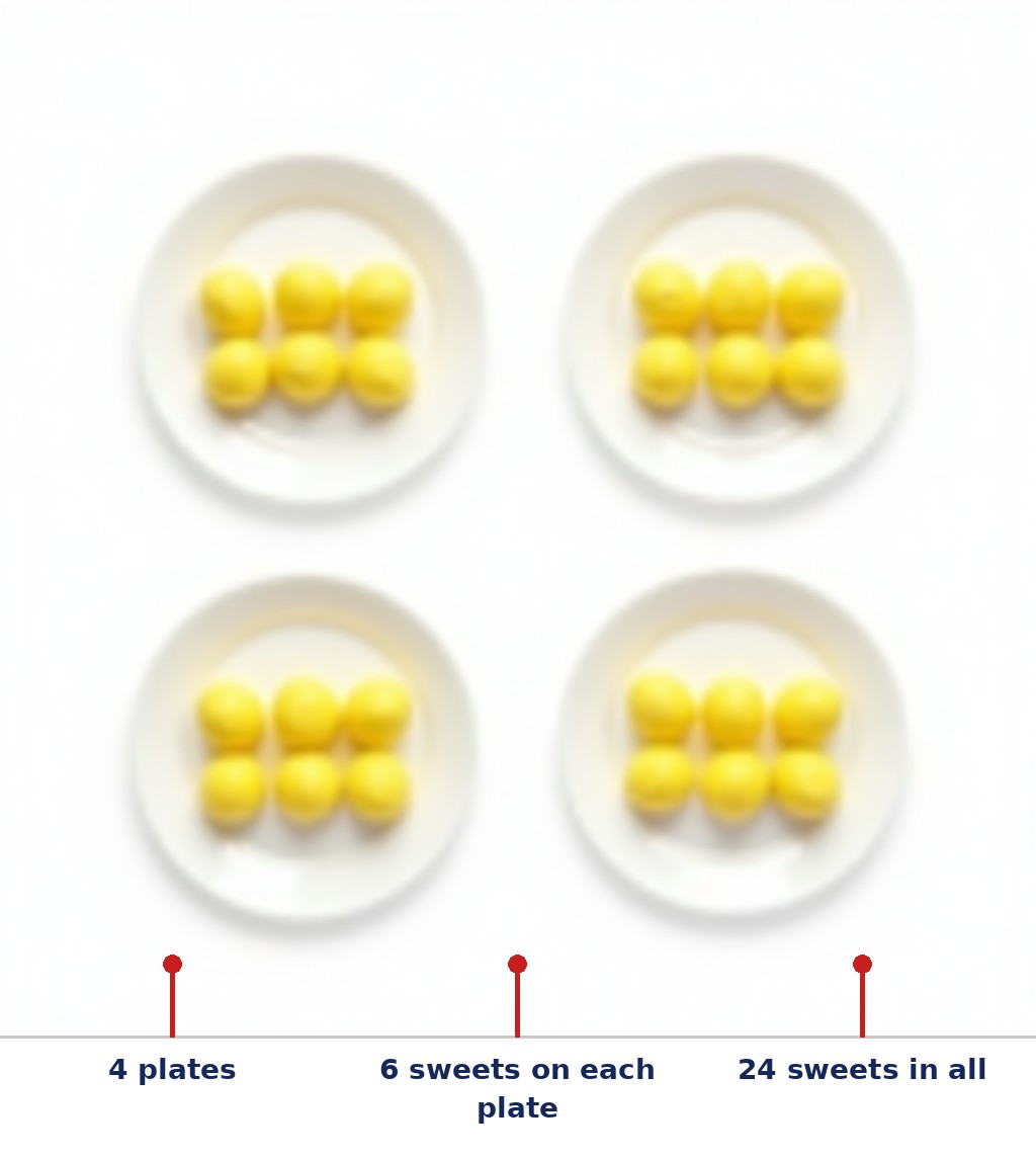Labelled diagram: 4 plates, 6 sweets on each plate, 24 sweets in all